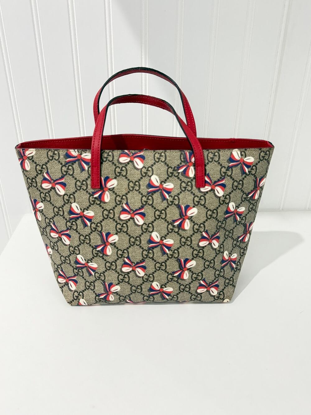 Gucci GG Supreme Bow Print Tote Bag Red Leather Trim